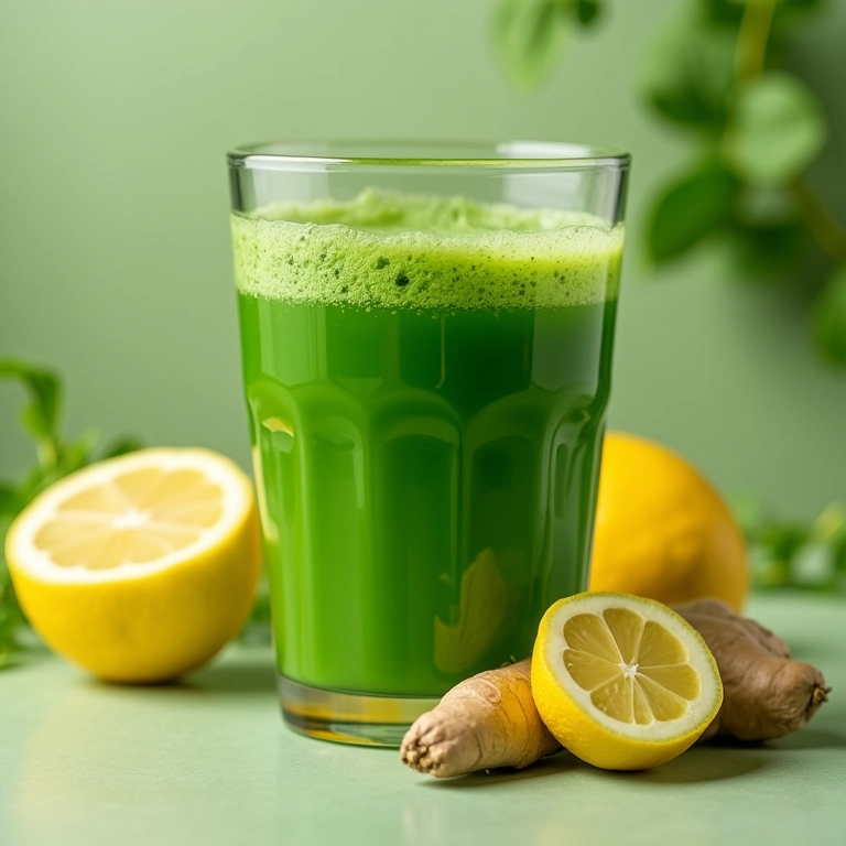 Suco verde de agrião com limão e gengibre.