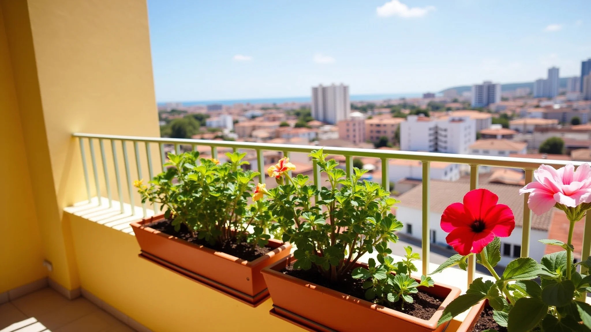 Sacada ensolarada com gerânios, petúnias e suculentas, vista para paisagem urbana brasileira.