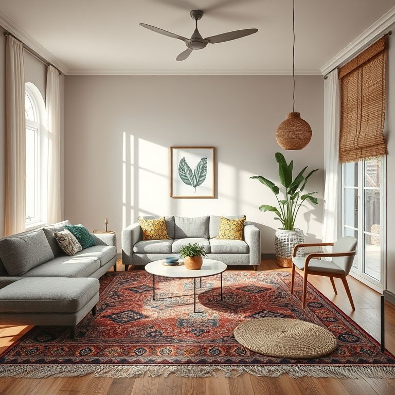 Tapetes delimitando espaços: sala de estar com tapete colorido e sala de jantar com tapete de juta.