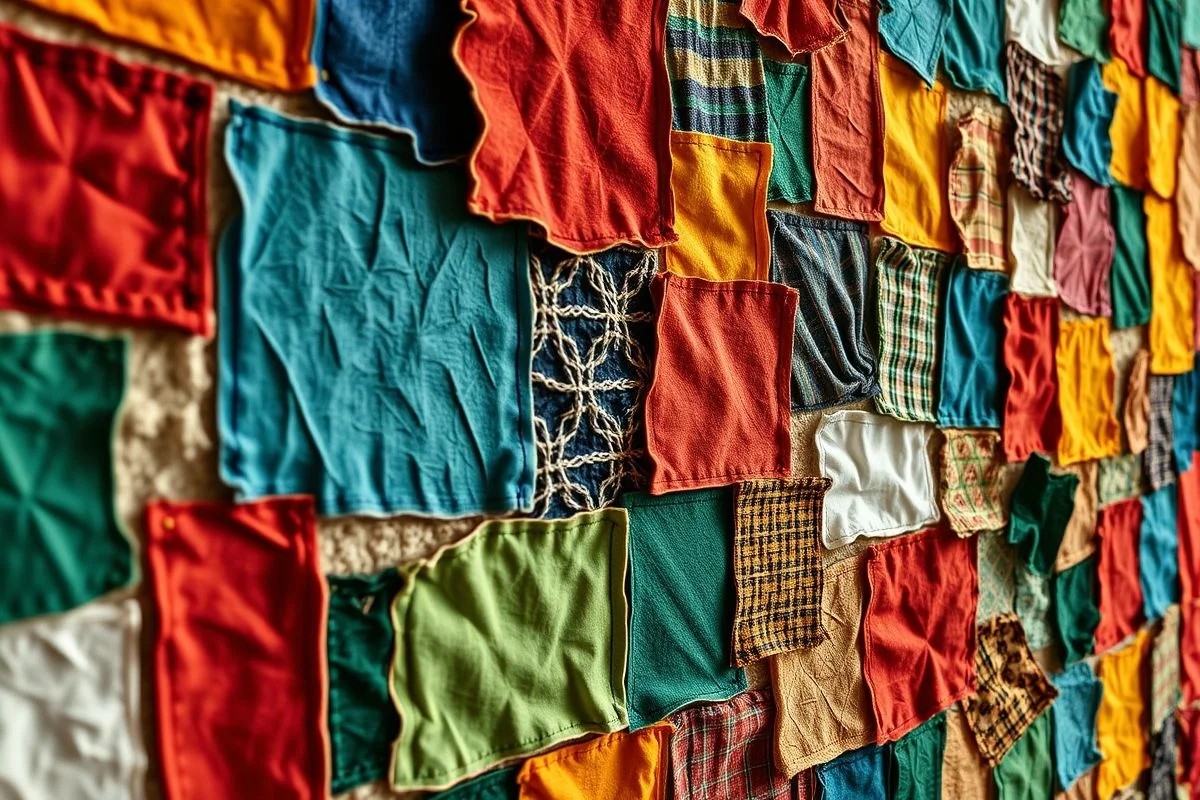 Parede texturizada com retalhos coloridos em padrão artístico.