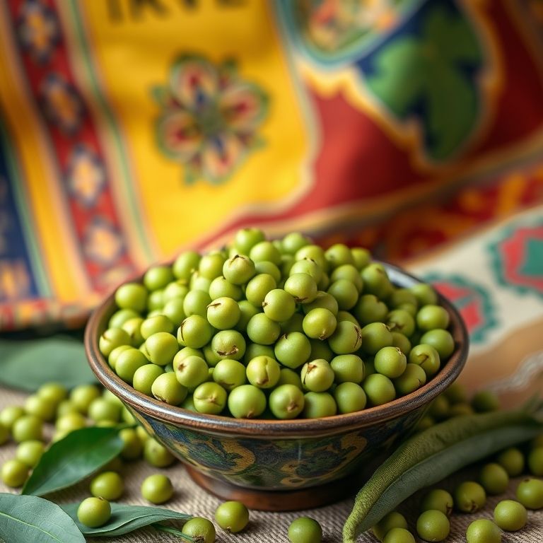 Tigela de ervilhas verdes frescas em um cenário com tecidos brasileiros.