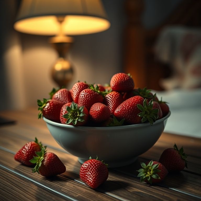 Tigela de morangos frescos à noite, luz baixa.