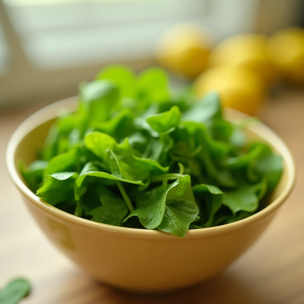 Tigela de salada de espinafre fresco com vinagrete de limão em uma cozinha bem iluminada.