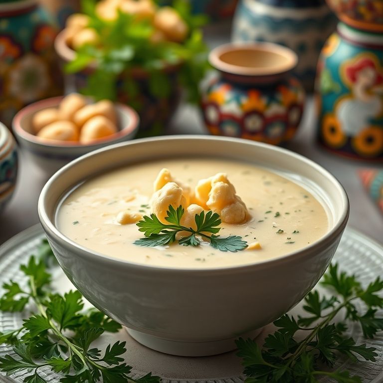 Tigela de sopa cremosa de couve-flor com ervas frescas.
