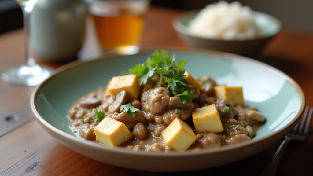 Tofu cubes in vegan stroganoff with mushrooms and cashew cream, served with rice. Farm Rio style Estrogonofe vegano de tofu com cogumelos e creme de castanha de caju.