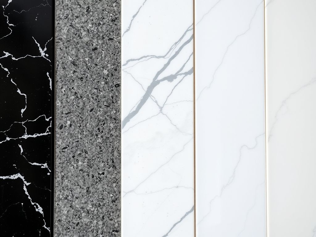 Amostras de materiais para bancadas de cozinha: granito, mármore, quartzo, Silestone e madeira. Guia completo para escolher o material ideal.