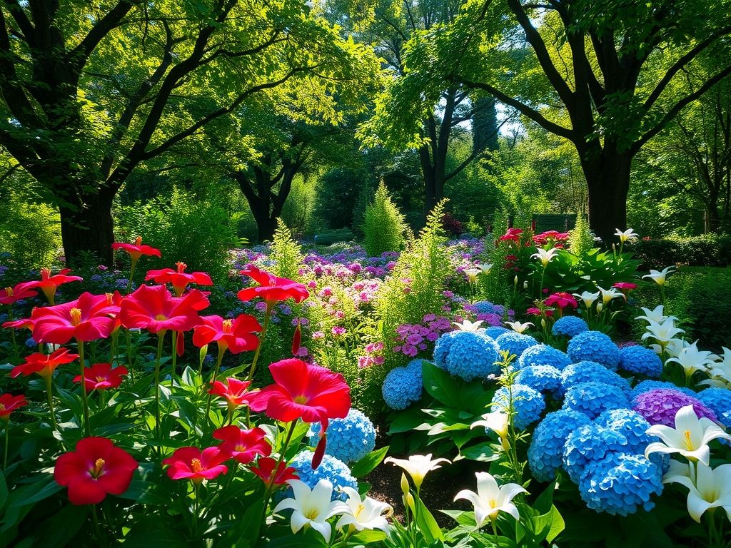 Jardim de sombra florido com begônias, hortênsias e lírios da paz, ideal para cantos escuros da casa