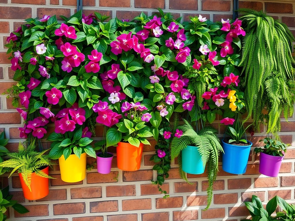 Jardim vertical com flores de sombra: impatiens, torenias e samambaias para varandas e espaços pequenos