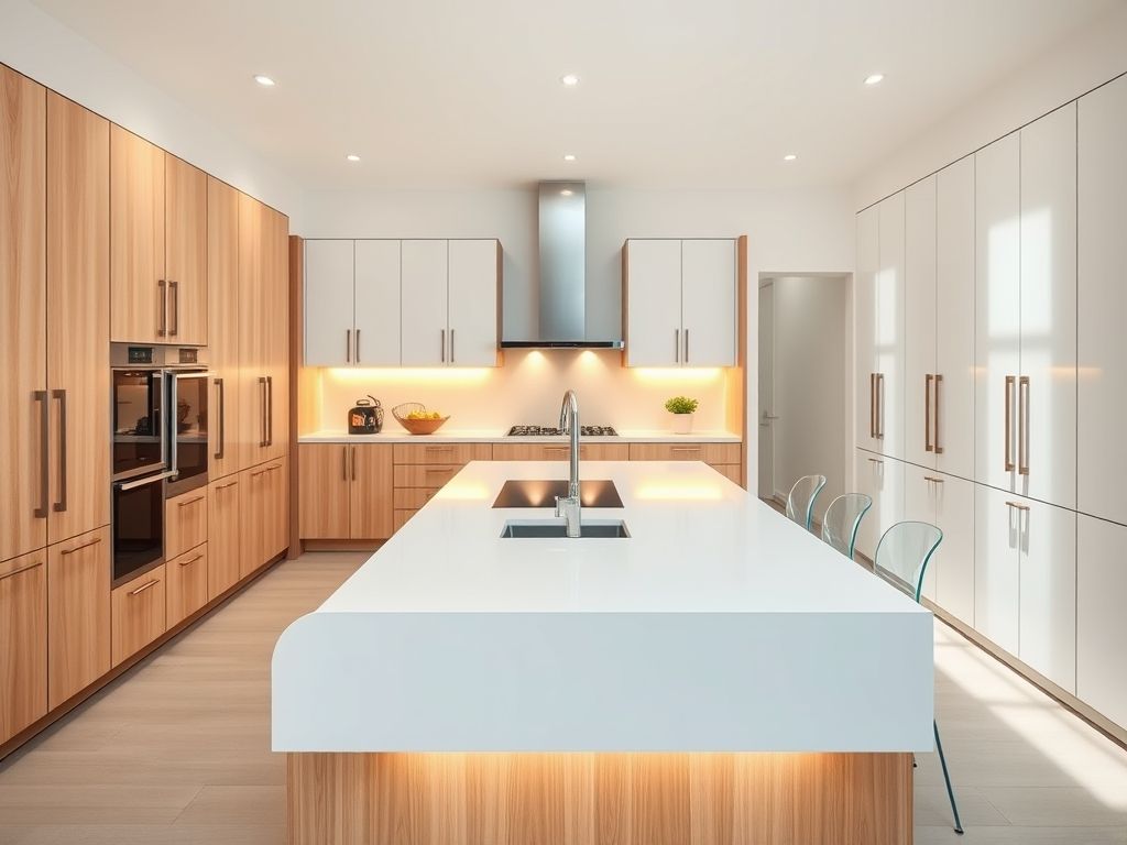 Cozinha planejada moderna com ilha central e armários brancos, ideal para quem busca inspiração para decoração de cozinhas.