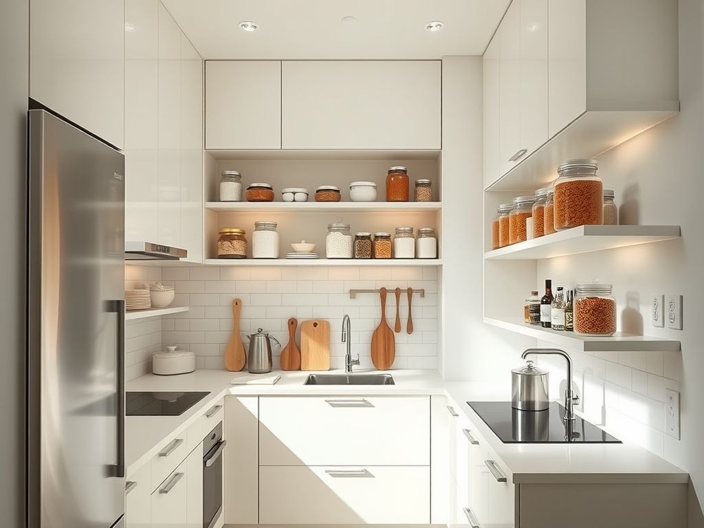 Dicas de organização para cozinhas pequenas: armários planejados, cores claras e soluções inteligentes para otimizar o espaço.