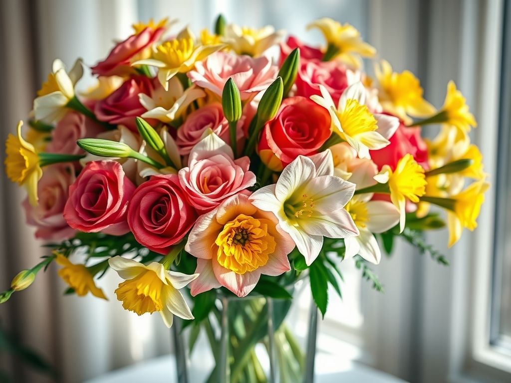 Buquê de flores vibrantes para o Dia das Mães: rosas, lírios e gérberas. Presenteie com beleza e amor.