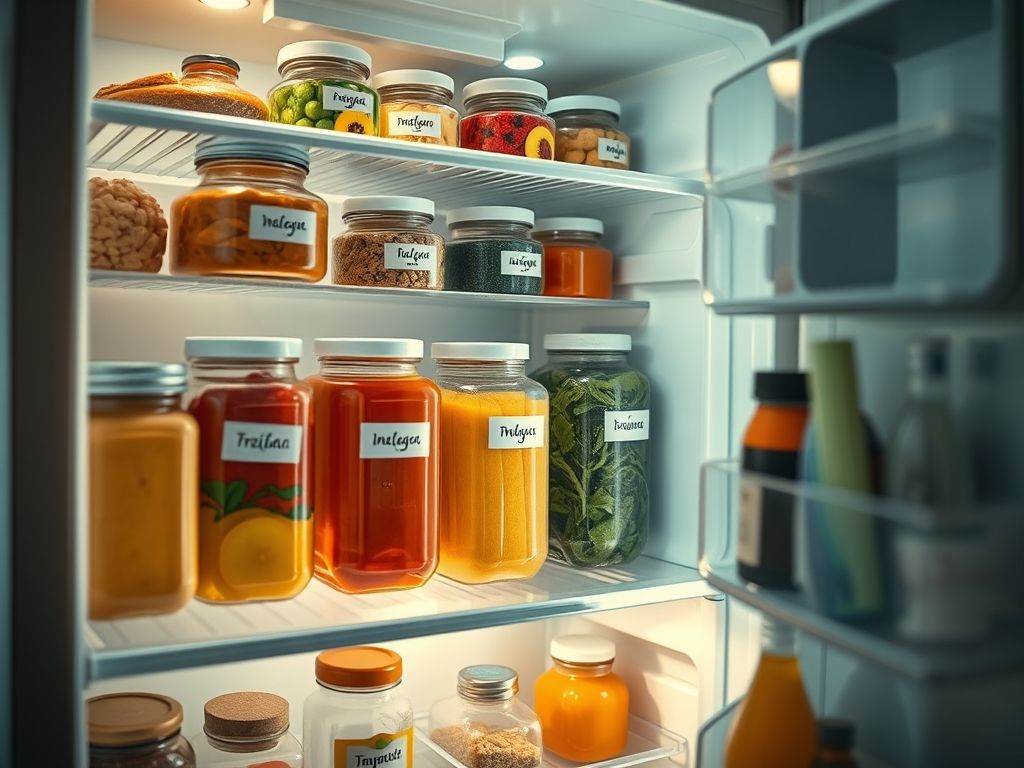 Geladeira organizada com potes transparentes e etiquetas em português, alimentos frescos, dicas de organização