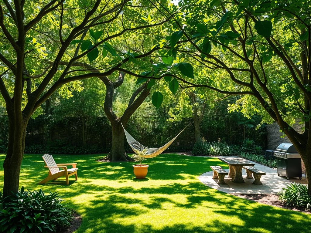Projeto de sombra personalizado: jardim com áreas de relaxamento, churrasco e brincadeira, criadas com árvores de sombra estrategicamente posicionadas.