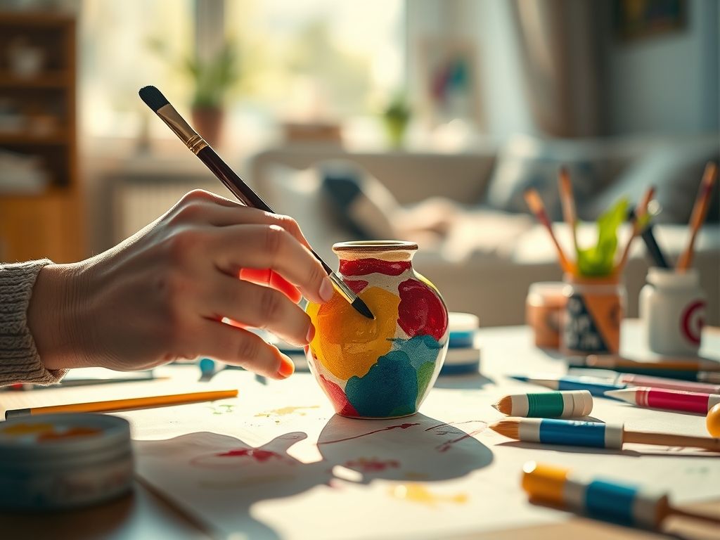 DIY decoração: mulher pintando vaso de cerâmica em casa. Decoração faça você mesmo, ideias criativas para casa.