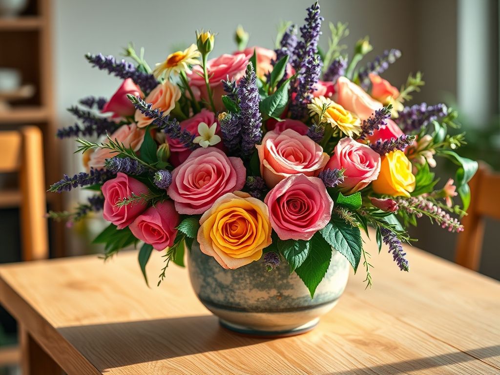 Arranjo floral cheiroso para casa com rosas, jasmim e lavanda em vaso rústico - Decoração natural e perfumada