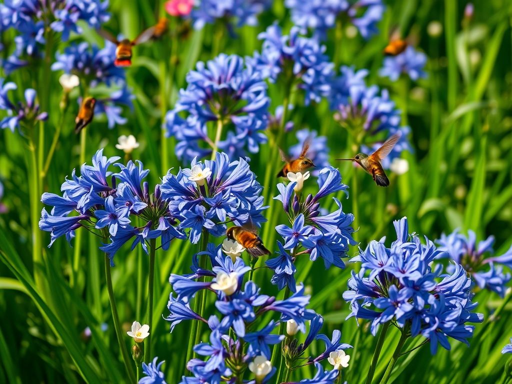 Jardim florido com agapantos azuis, brancos e roxos atraindo beija-flores e borboletas. Placa decorativa