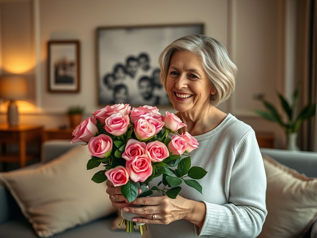 Mãe recebendo rosas cor-de-rosa no Dia das Mães: um presente de amor e gratidão.