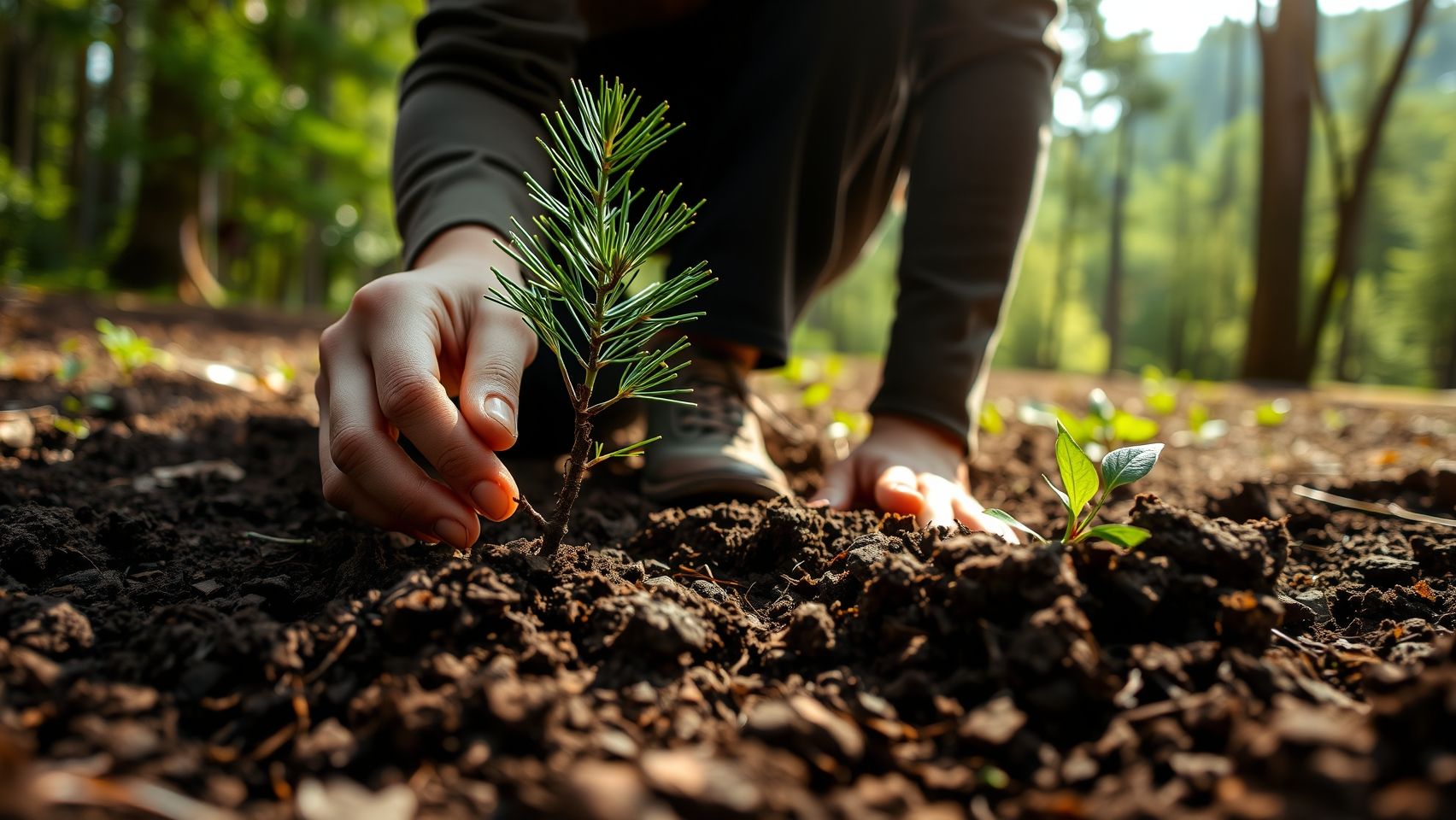 Plantio de muda de araucária. Mãos plantando pinhão. Reflorestamento com araucárias.