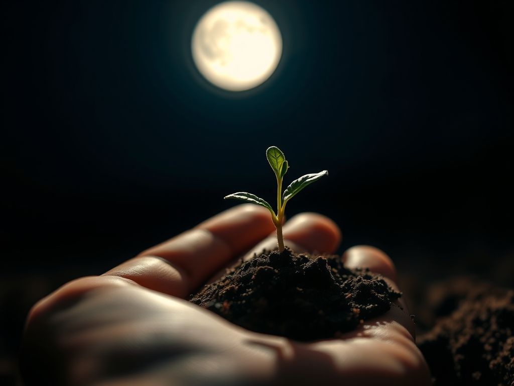 Muda de flor sendo plantada sob a luz da lua cheia. Jardinagem lunar e cultivo de flores.