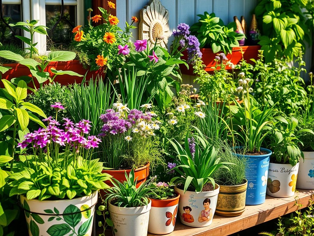 Horta caseira com plantas medicinais: manjericão, hortelã, camomila, alecrim e outras ervas cultivadas em vasos e jardineiras.