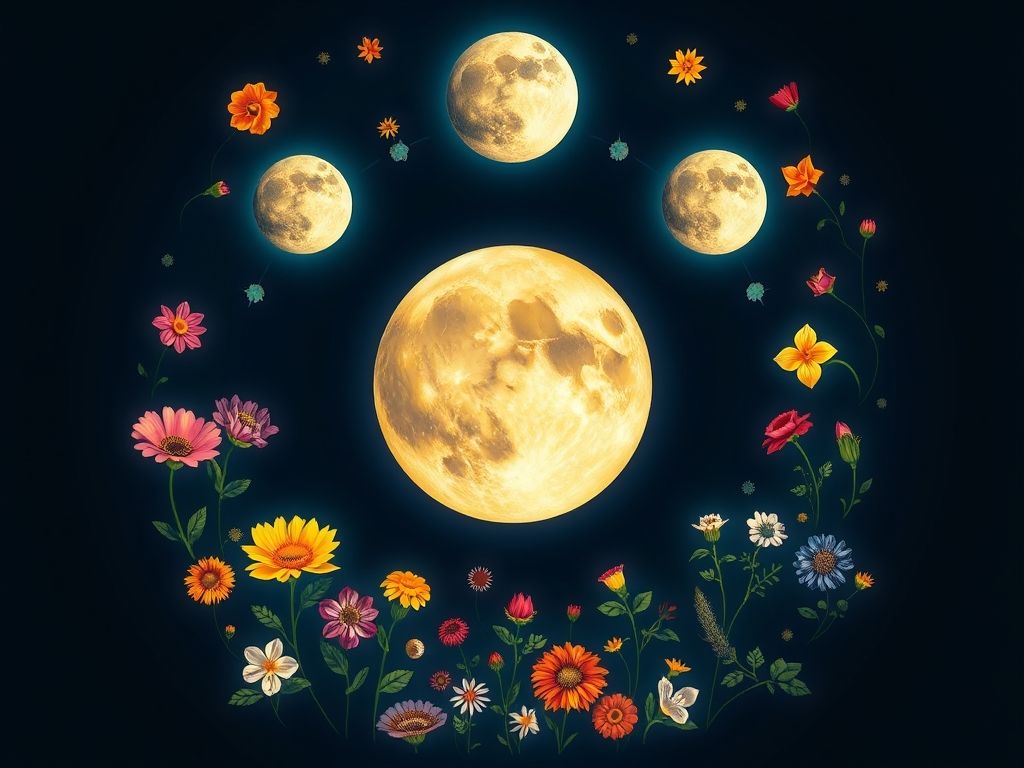Ilustração das fases da lua e sua influência no plantio de flores. Calendário lunar para jardinagem.