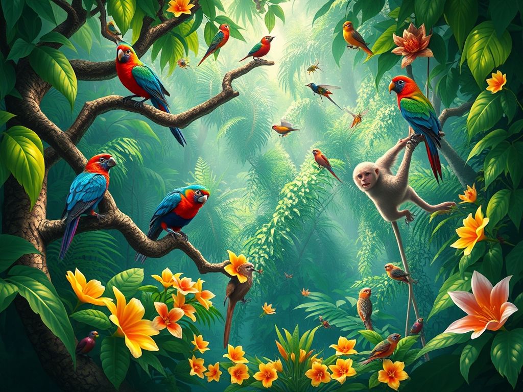 Fauna local interagindo com a Gameleira: aves, macacos e insetos em harmonia.