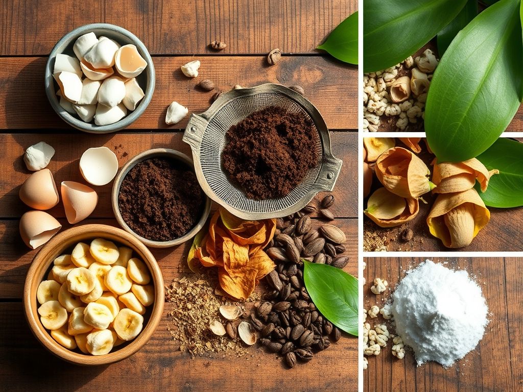 Ingredientes para adubo caseiro: cascas de ovo, borra de café, cascas de banana e cinzas de madeira, para uma floração exuberante.