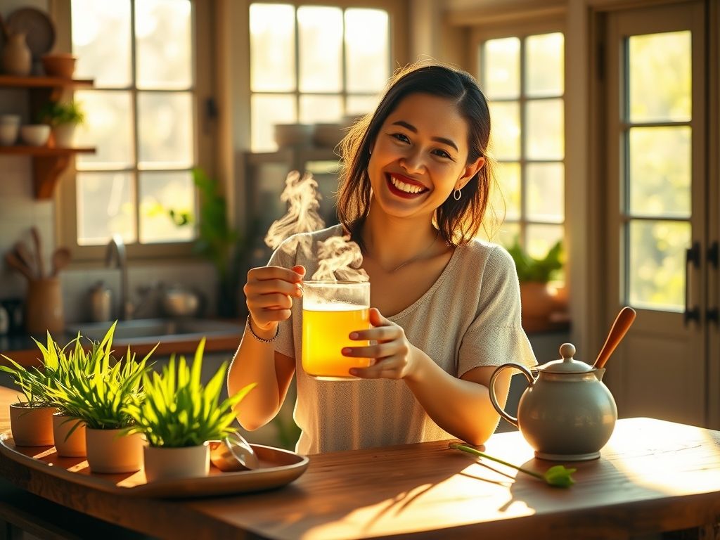 Mulher sorrindo preparando um chá de capim-limão relaxante e saudável.