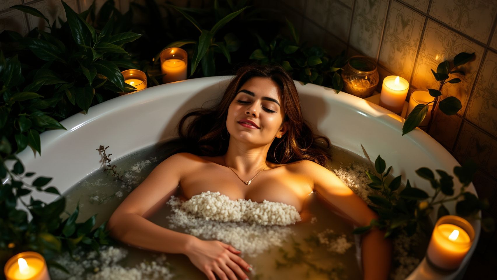 Mulher relaxando em banheira com sais de banho e ervas para autocuidado
