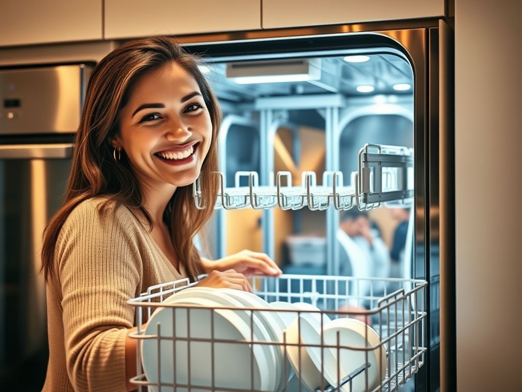 Mulher feliz abrindo lava-louças limpa e com louça brilhante. Dicas de limpeza para lava-louças