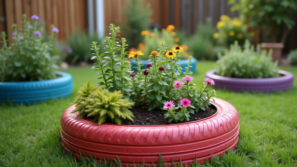 Upcycled tire raised garden, bright colors, diverse plants, backyard setting, lifestyle Horta elevada feita com pneus usados, pintados com cores alegres.