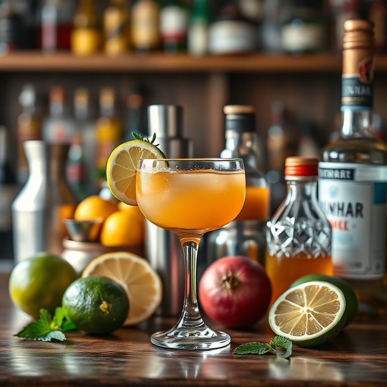 Utensílios e ingredientes de bar arrumados em balcão de madeira.