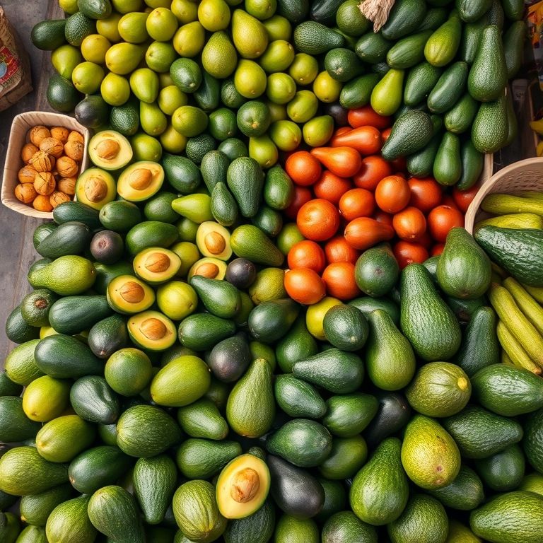 Variedade de abacates e avocados frescos em uma banca de mercado vibrante no Brasil.