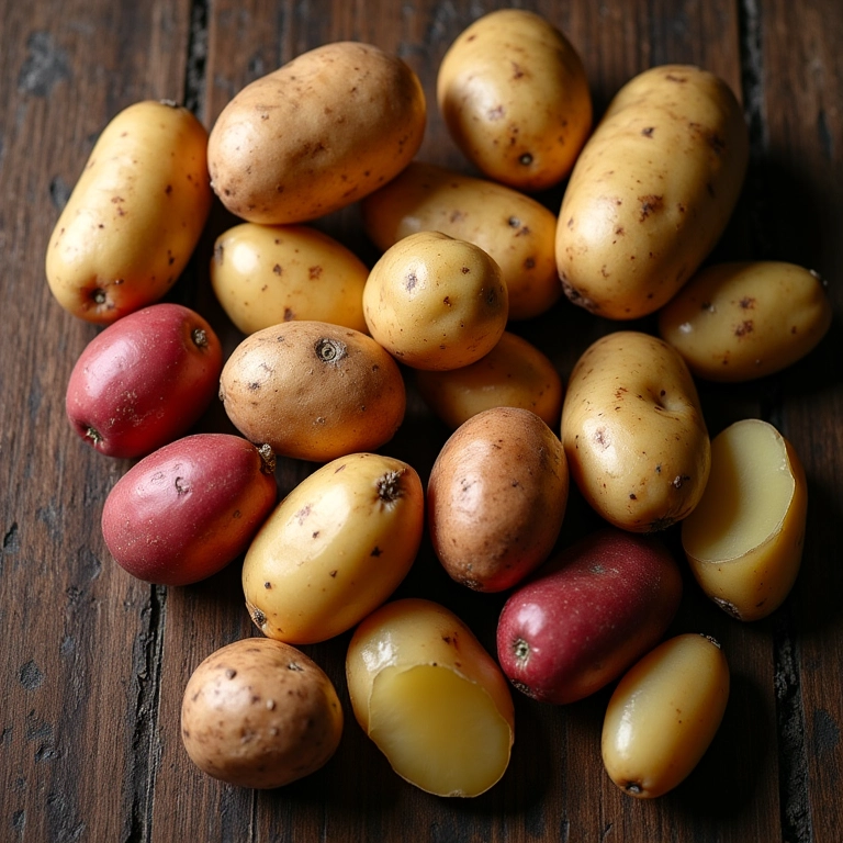Variedade de batatas cruas e cozidas em uma mesa de madeira rústica, prontas para diferentes métodos de preparo.