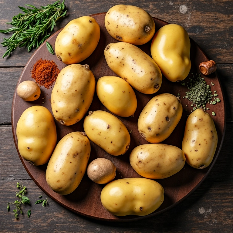 Variedade de batatas cruas em mesa de madeira rústica com temperos.