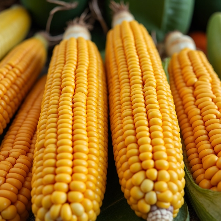 Variedade de espigas de milho frescas em uma feira brasileira.