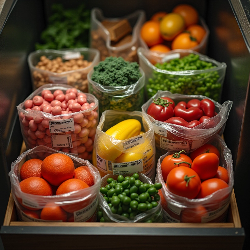 Variedade de legumes congelados organizados em gavetas de freezer.