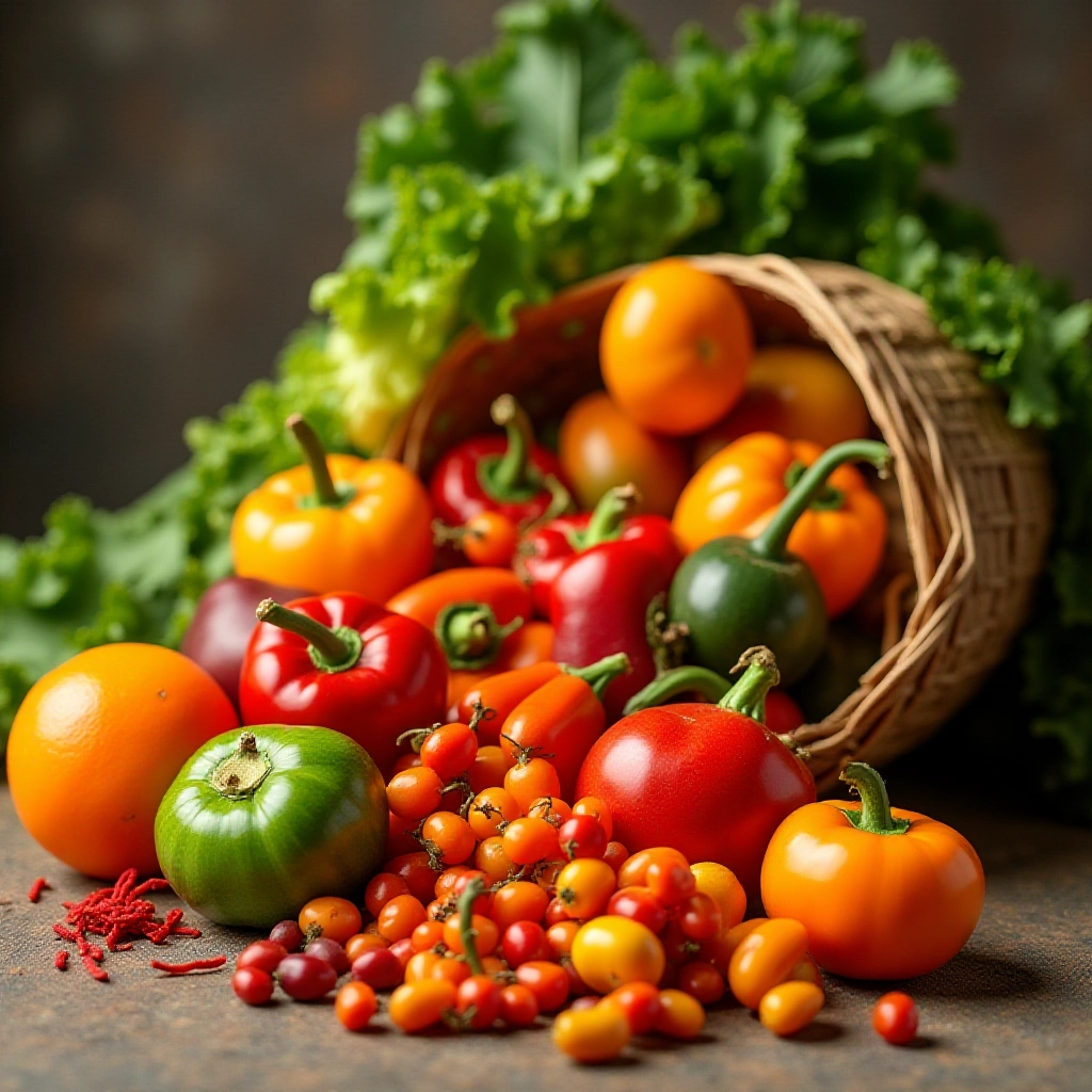 Variedade de legumes e verduras frescos em uma cesta, representando a diversidade alimentar.
