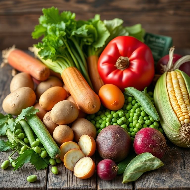 Variedade de legumes frescos, incluindo batata, mandioca, milho, ervilha e beterraba, dispostos artisticamente.