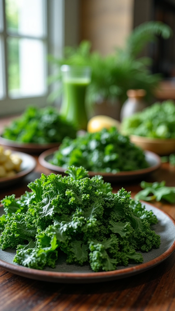 Variedade de pratos com couve: suco, salada, refogado e assada.