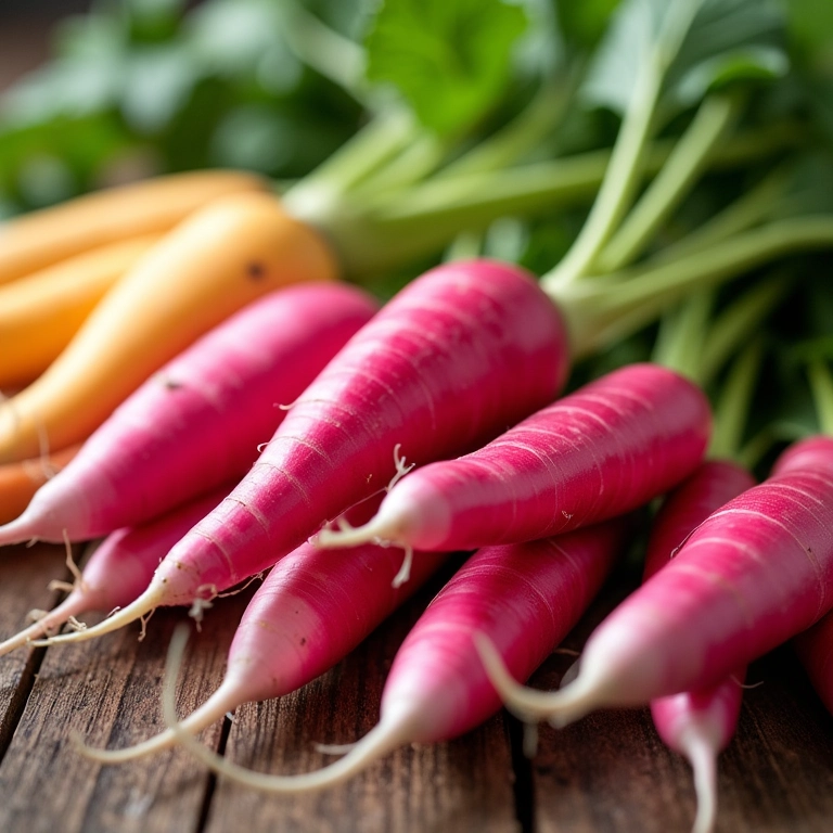 Variedade de rabanetes coloridos em close-up sobre mesa de madeira rústica.