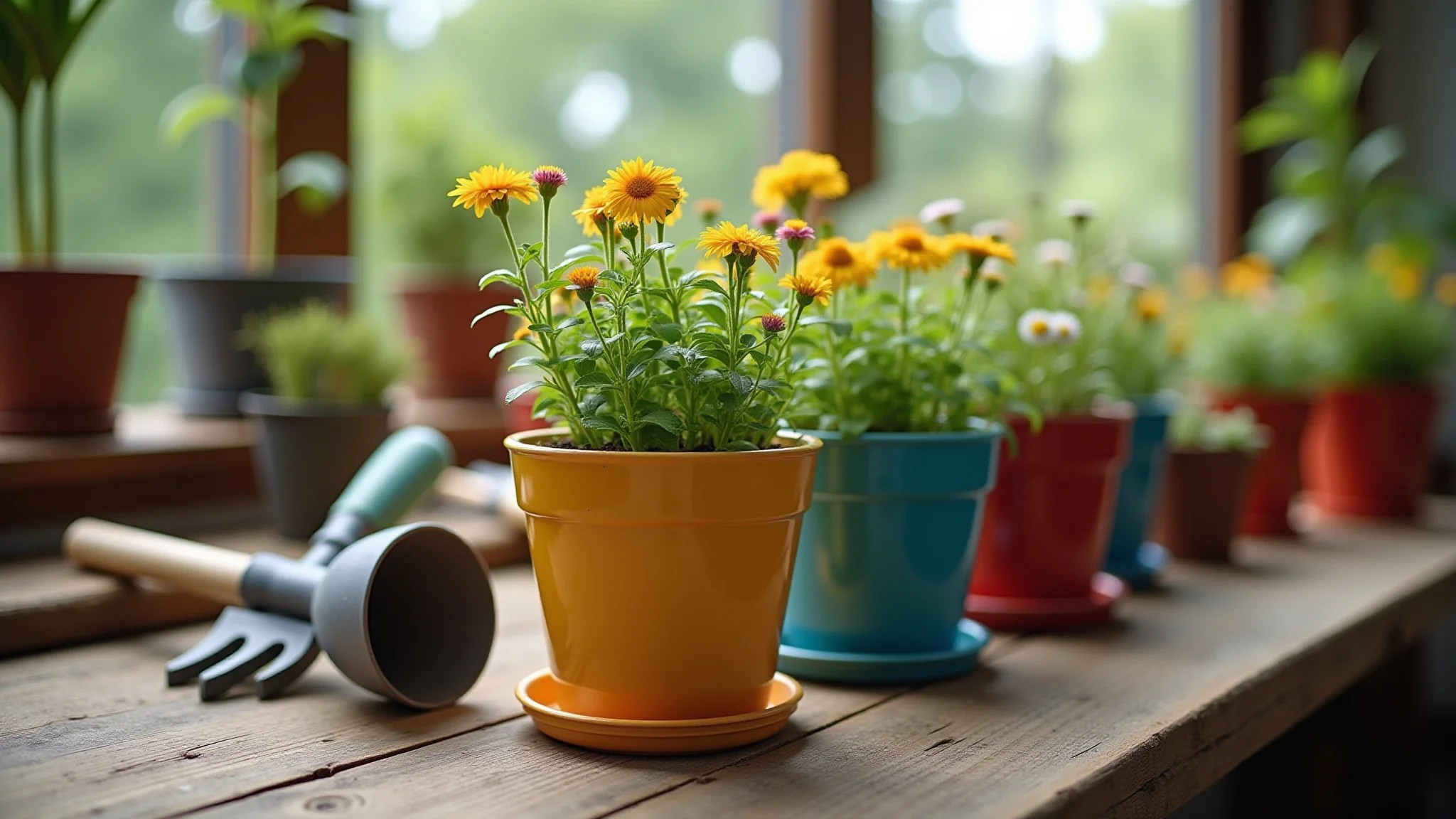 Variedade de vasos de flores coloridos e ferramentas de jardinagem em uma mesa de madeira rústica.