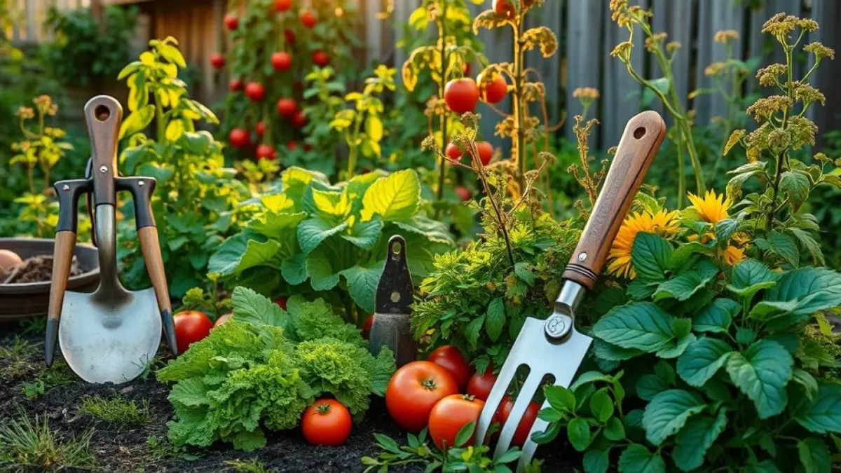 Ferramentas de jardinagem e horta exuberante em quintal brasileiro.