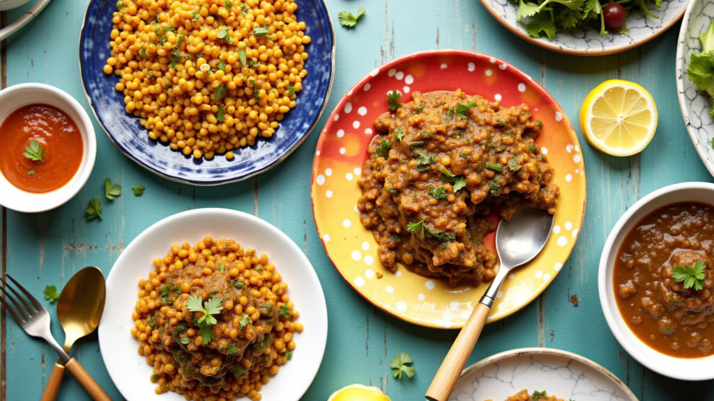 Various lentil dishes on a colorful table, Brazilian design elements, natural light, healthy Mesa com diversas receitas saudáveis com lentilha.