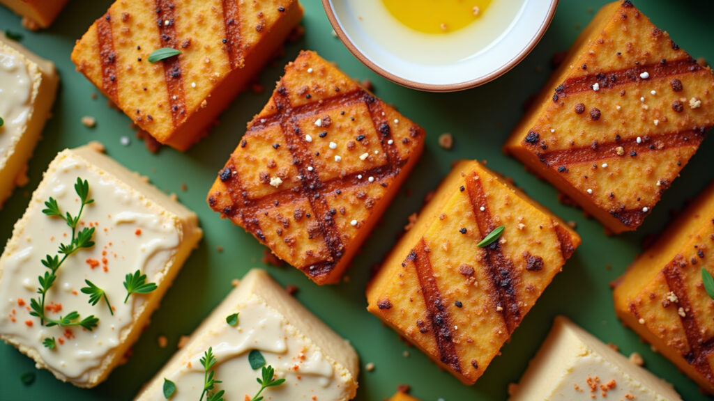 Various tofu preparations: grilled, fried, and in a cream. Farm Rio style background, vibrant Variedade de preparos com tofu: grelhado, frito e em creme.