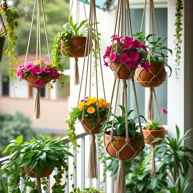 Vasos suspensos e macramê decorando uma sacada com plantas e flores.