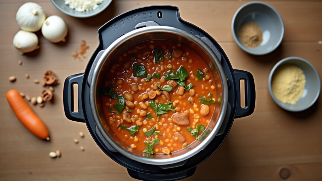 Vegan lentil stew in pressure cooker, mushrooms, spices, wooden table, natural light, 8k, Lentilha vegana na panela de pressão.