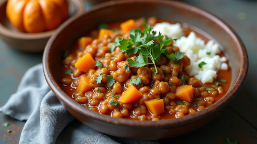 Vegan lentil stew with coconut milk and pumpkin, vibrant colors, rustic bowl, natural light, 8K, Ensopado vegano de lentilha com abóbora e leite de coco.
