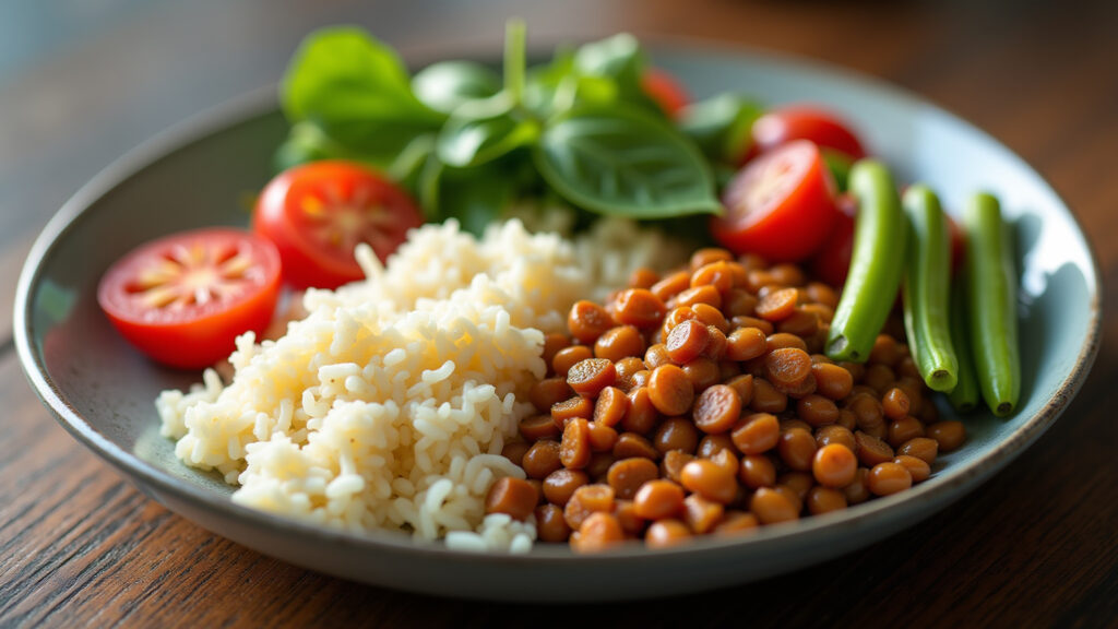 Vegan meal with lentils, rice, and vegetables, plant-based protein, natural light, 8K, sharp focus, Prato vegano com lentilha, arroz e vegetais.