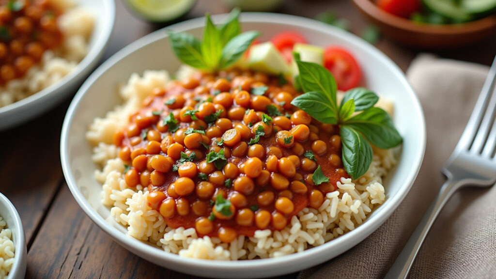Vegetarian meal with lentils, rice, and vegetables, vibrant colors, natural light, healthy eating, Prato vegetariano com lentilha, arroz e vegetais.